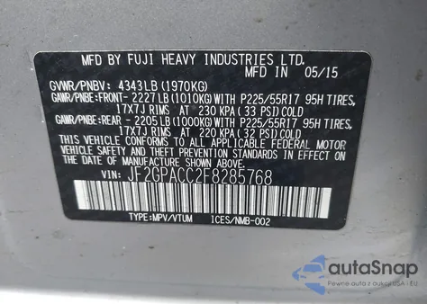 2015 Subaru Xv Crosstrek 2.0I Premium из США, поврежденный, VIN JF2GPACC2F8285768